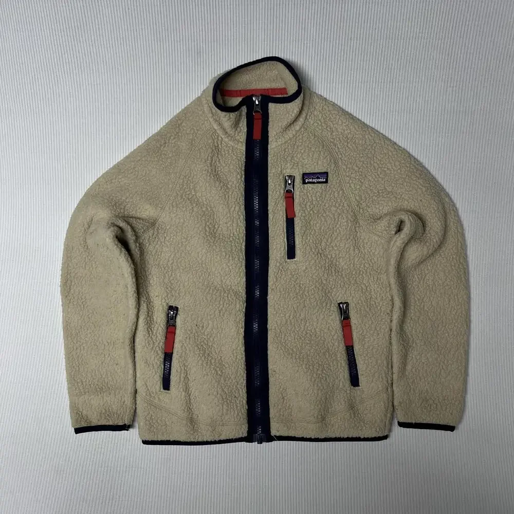 Patagonia Fleece Jacket Kids 7-8 Beige Full Zip Logo Pockets Outdoor Winter